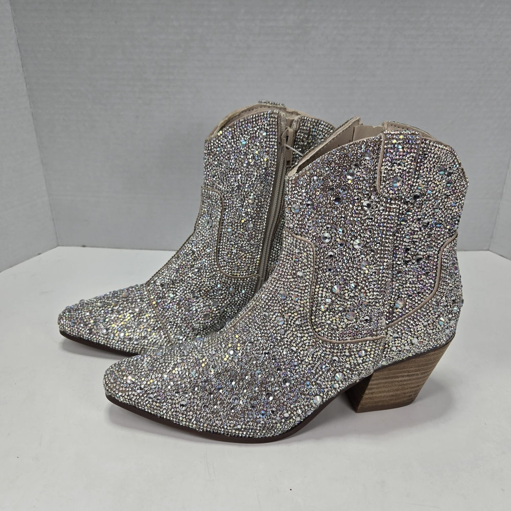 Sincerely Jules Silver Rhinestone Shimmering Cowboy Cowgirl Ankle Booties Size 7 - Picture 2 of 14